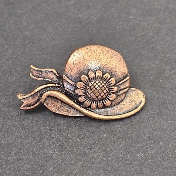 Vintage JJ Jonette Copper Hat Cap Sunflower Flower Floral Lapel Brooch Pin - Picture 2 of 8